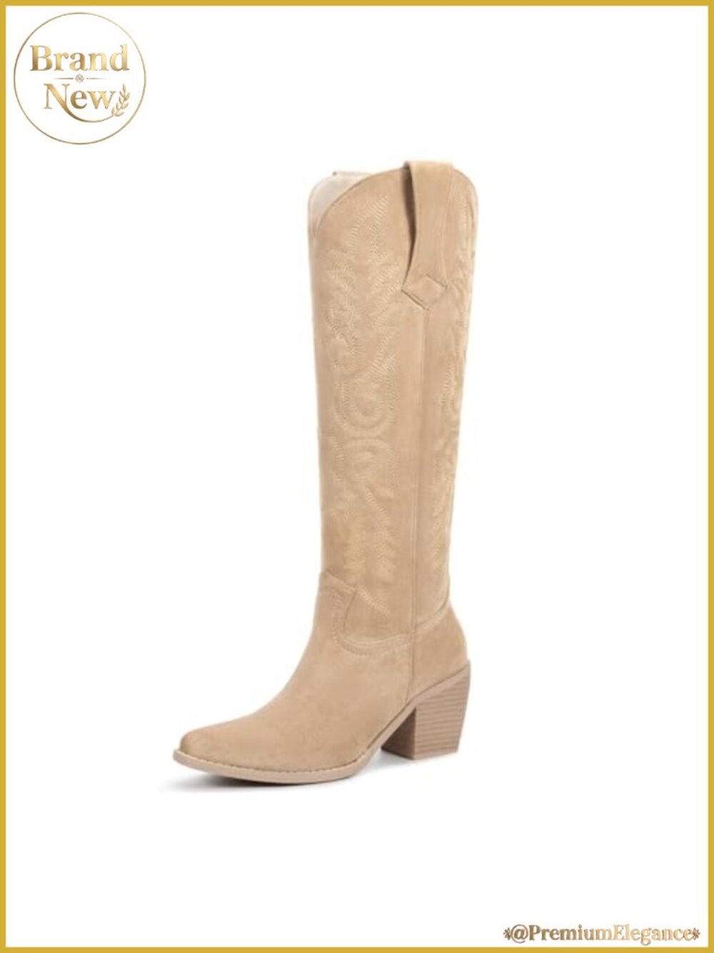 Knee High Pointed Toe Cowboy Boots Side Zip Chunky Block Heel
